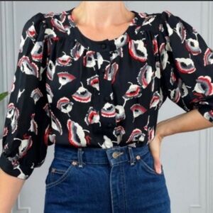 Milly New York Pure Silk Poppy Print Button Front Black Red Blouse size 2